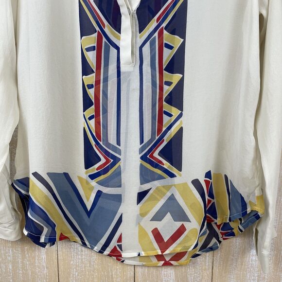 Red Haute 100% Silk Long Sleeve Cream Colorful Blouse Size Large Sheer Tribal - Picture 4 of 12